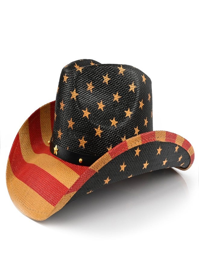 Foeran USA Flag Cowboy Hats for Men's Women's,Cowgirl Hats Western Straw American Flag Hat Beige - Image 1
